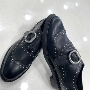 Marc Fisher “Bryleigh” Leather Oxford Loafers with Silver Studs and Buckles